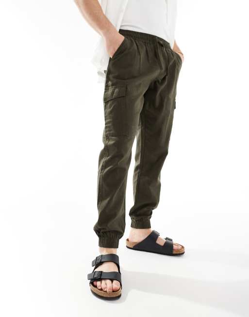 Brave Soul - Pantaloni cargo in misto lino color kaki con elastico in vita