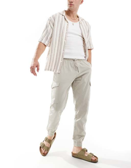 Brave Soul - Pantaloni cargo in misto lino color pietra chiaro con elastico in vita