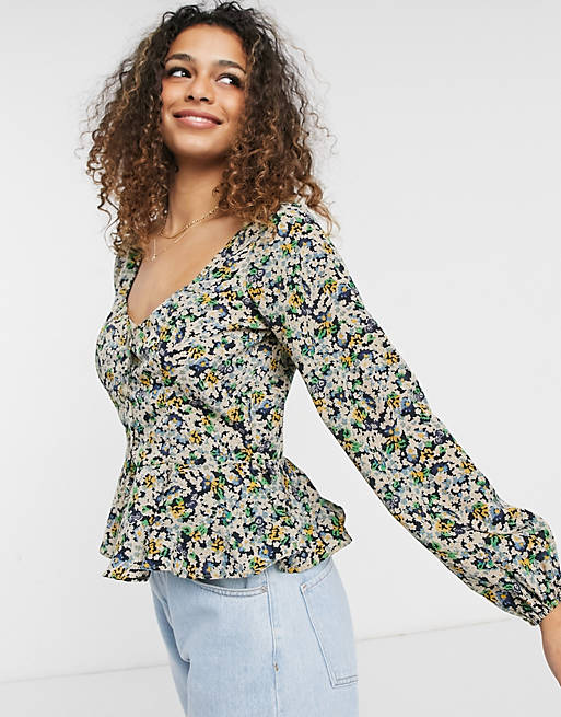 Brave Soul Paris puff sleeve sweetheart neckline blouse in ditsy floral print