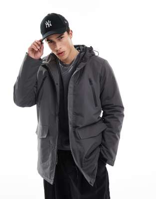 parka jacket with hood and concealed zip in gray-Black