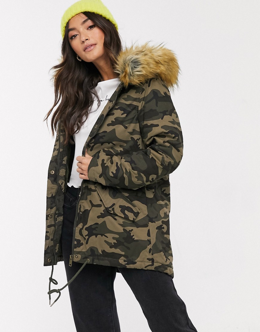 Brave Soul pather parka in camowith faux fur hood trim-Multi