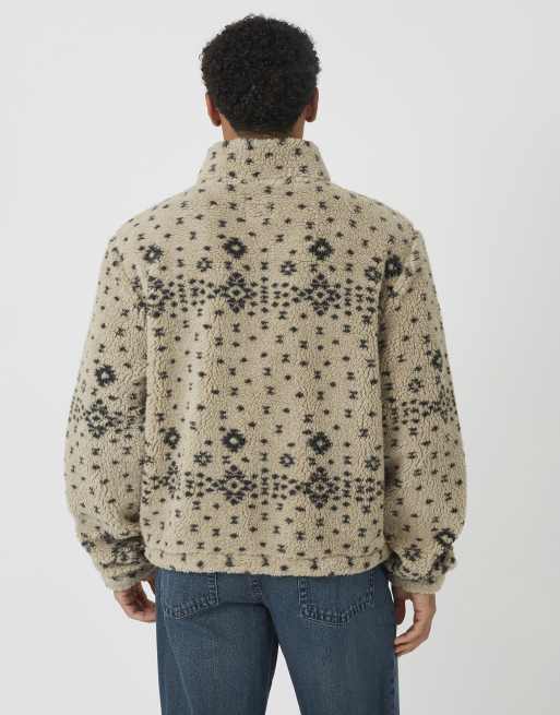 Brave Soul Patterned quarter zip borg fleece in beige, 2 of 4
