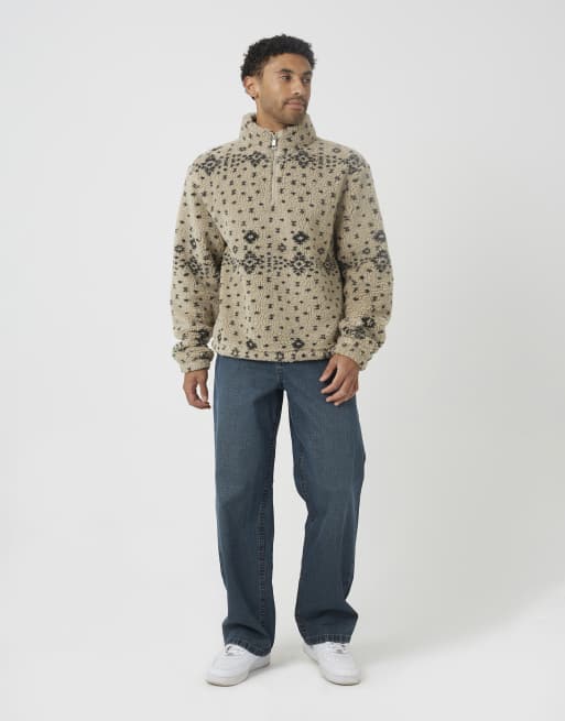 Brave Soul Patterned quarter zip borg fleece in beige, 3 of 4