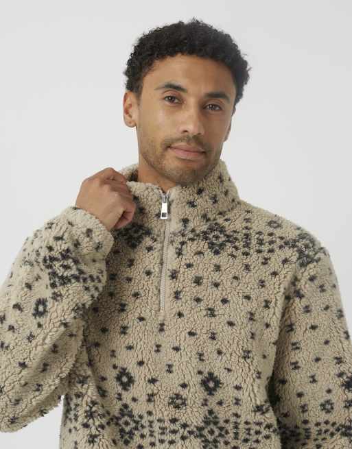 Brave Soul Patterned quarter zip borg fleece in beige, 4 of 4