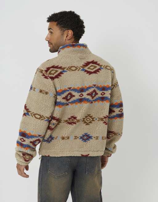 Brave Soul Patterned quarter zip borg fleece in cream, 2 of 4