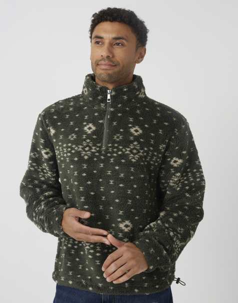 Brave Soul Patterned quarter zip borg fleece in khaki - view 1