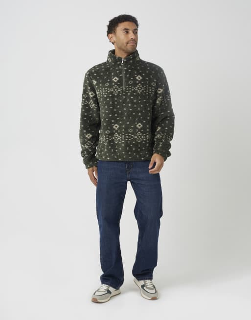 Brave Soul Patterned quarter zip borg fleece in khaki, 3 of 4
