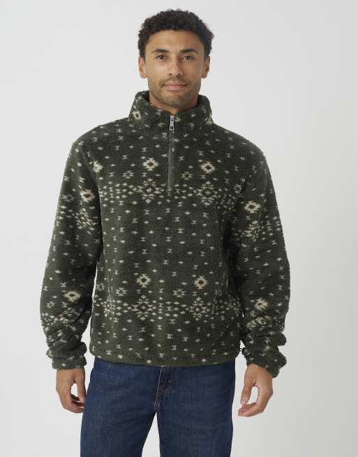 Brave Soul Patterned quarter zip borg fleece in khaki, 4 of 4