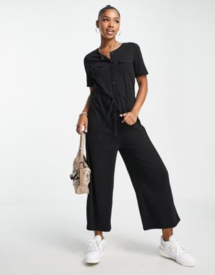 Brave Soul pearl culotte jumpsuit with button front in black