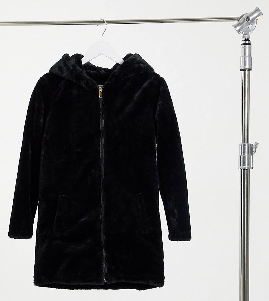 Brave Soul Petite bernie faux fur hooded coat-Black