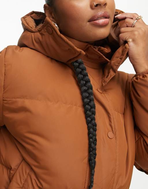 Brave Soul Petite bunny hooded puffer jacket in tan