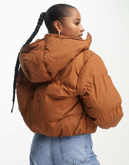 Brave Soul Petite bunny hooded puffer jacket in tan