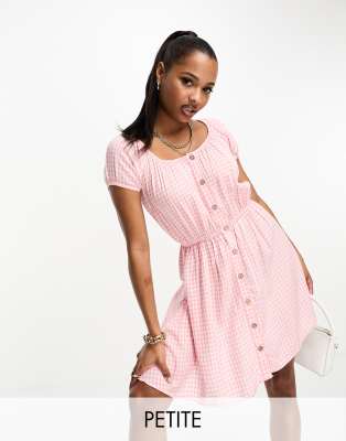 Brave Soul Petite button through mini dress with puff sleeves in pink gingham