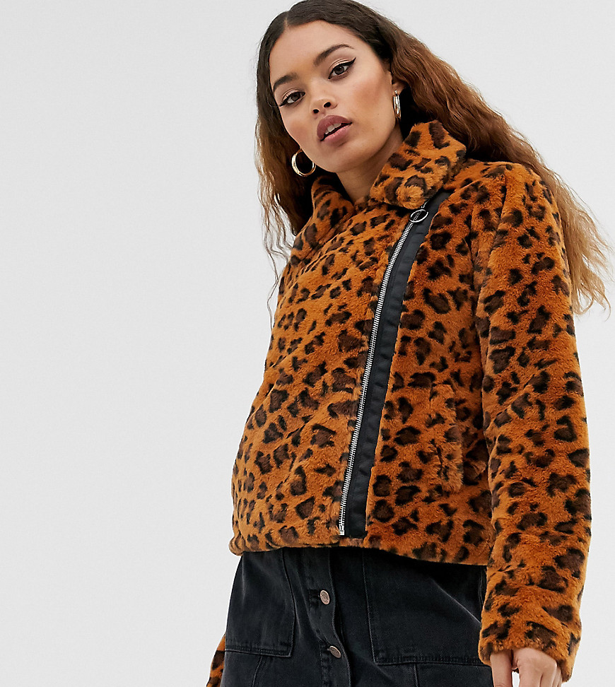 Brave Soul Petite carla faux fur leopard biker jacket-Tan