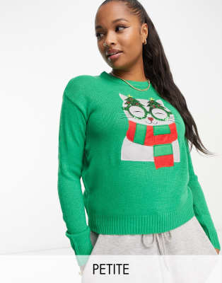 Brave Soul Petite cat christmas jumper in green