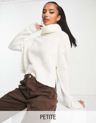 Brave Soul Petite cattio boxy cropped roll neck jumper in cream