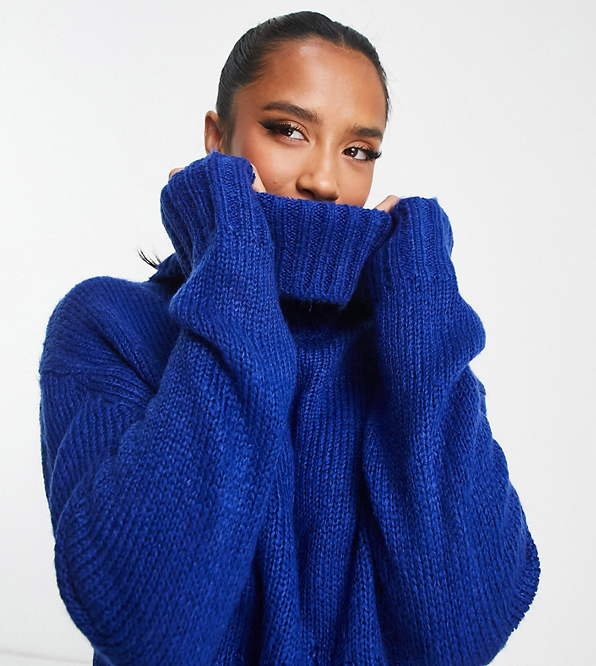 Brave Soul Petite cattio boxy cropped turtle neck sweater in electric blue