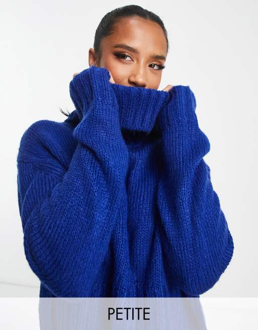 Brave Soul Petite cattio boxy cropped turtle neck sweater in electric blue