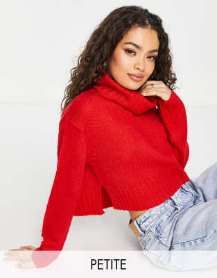 Brave Soul Petite - Cattio - Kastiger Rollkragenpullover mit kurzem Schnitt-Rot