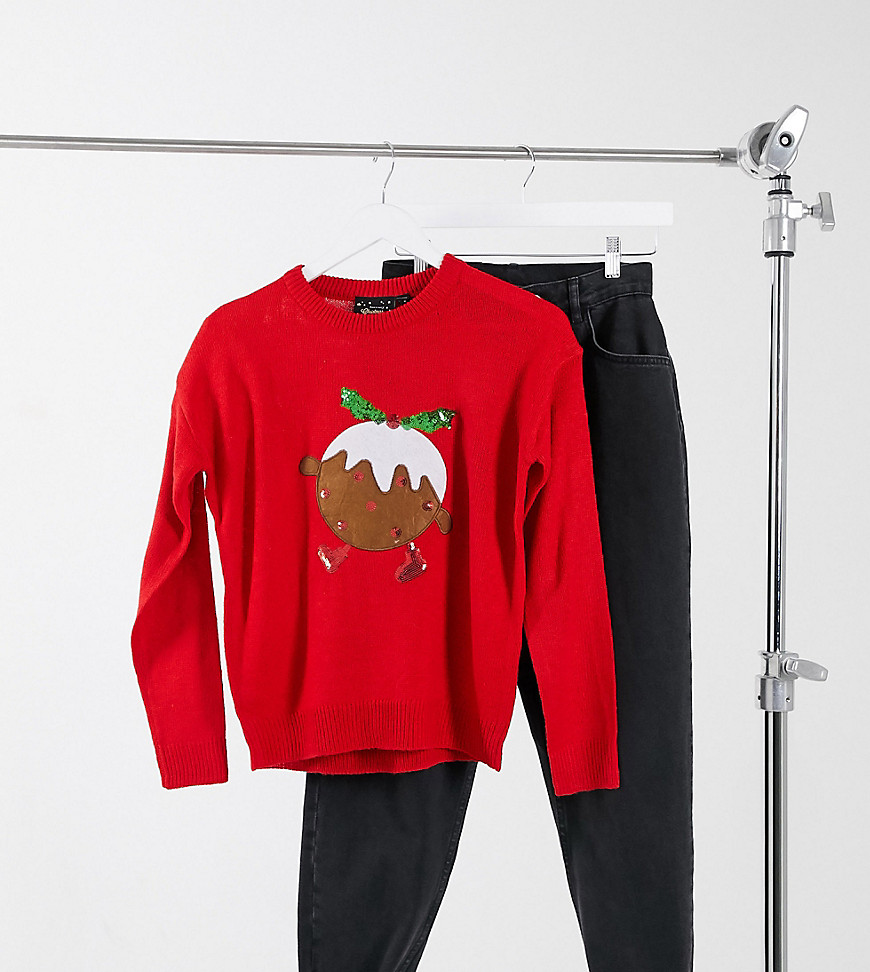 Brave Soul Petite christmas pudding jumper-Red