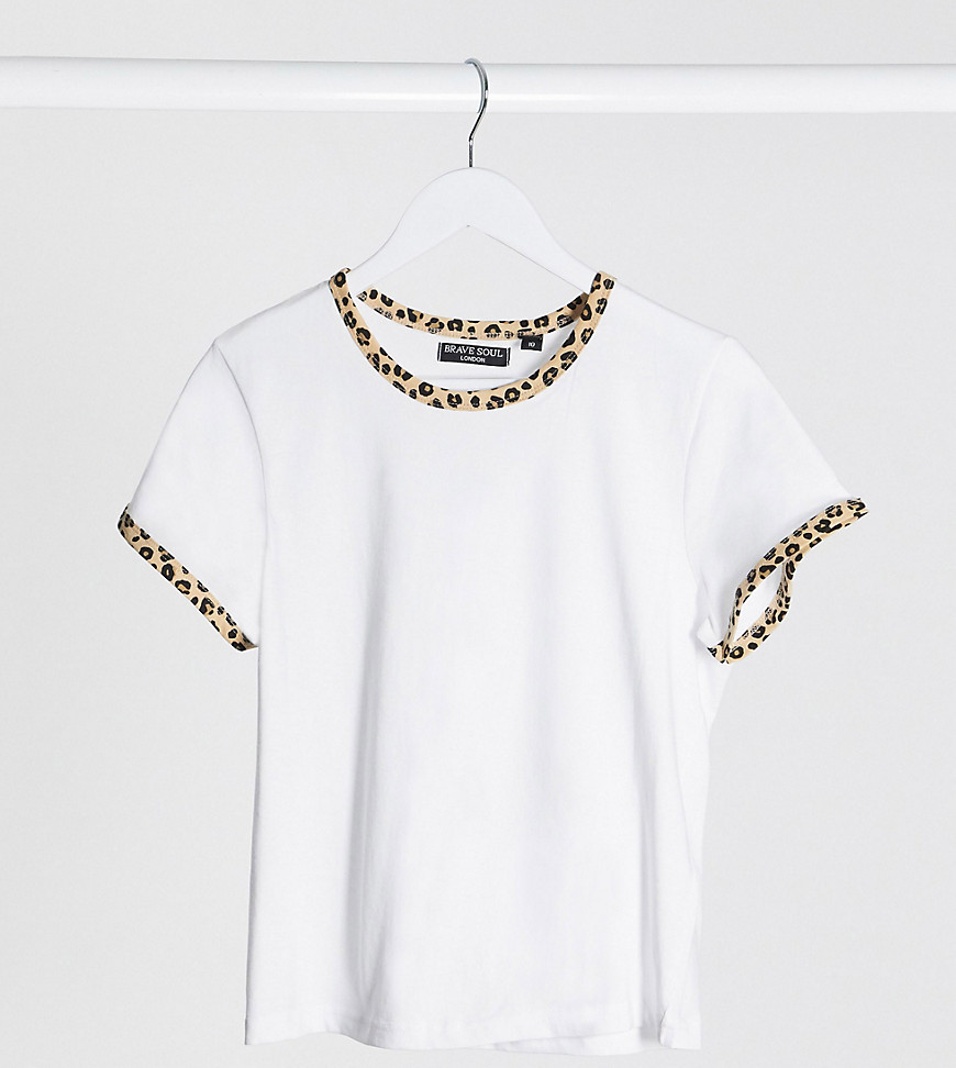 Brave Soul Petite claudine t shirt with leopard print trim-White