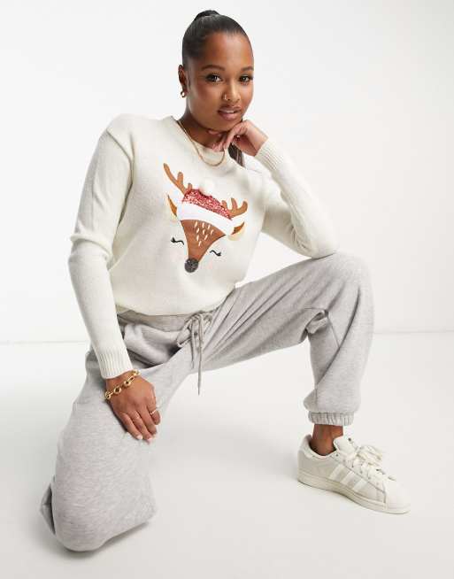 Brave Soul Petite deer christmas jumper in cream, 3 of 4