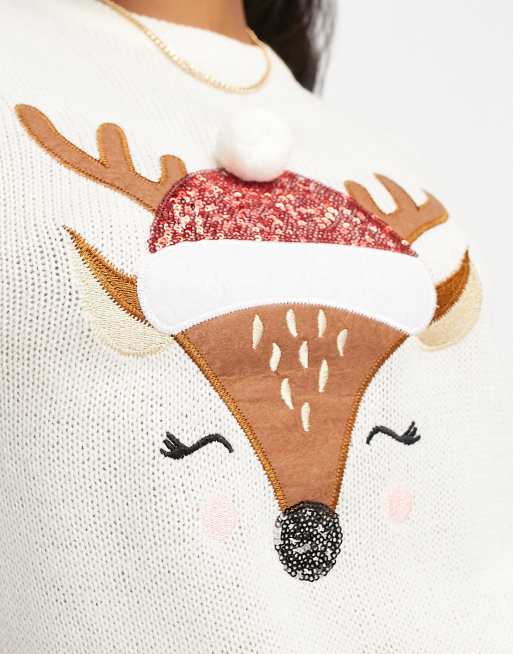 Brave Soul Petite deer christmas jumper in cream, 4 of 4