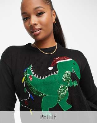 Brave Soul Petite dinosaur Christmas jumper in black