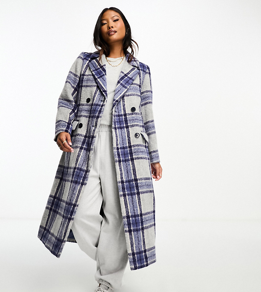 Brave Soul Petite double breasted formal coat in blue check