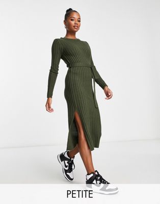 Brave Soul Petite eddie knitted dress with slit in khaki