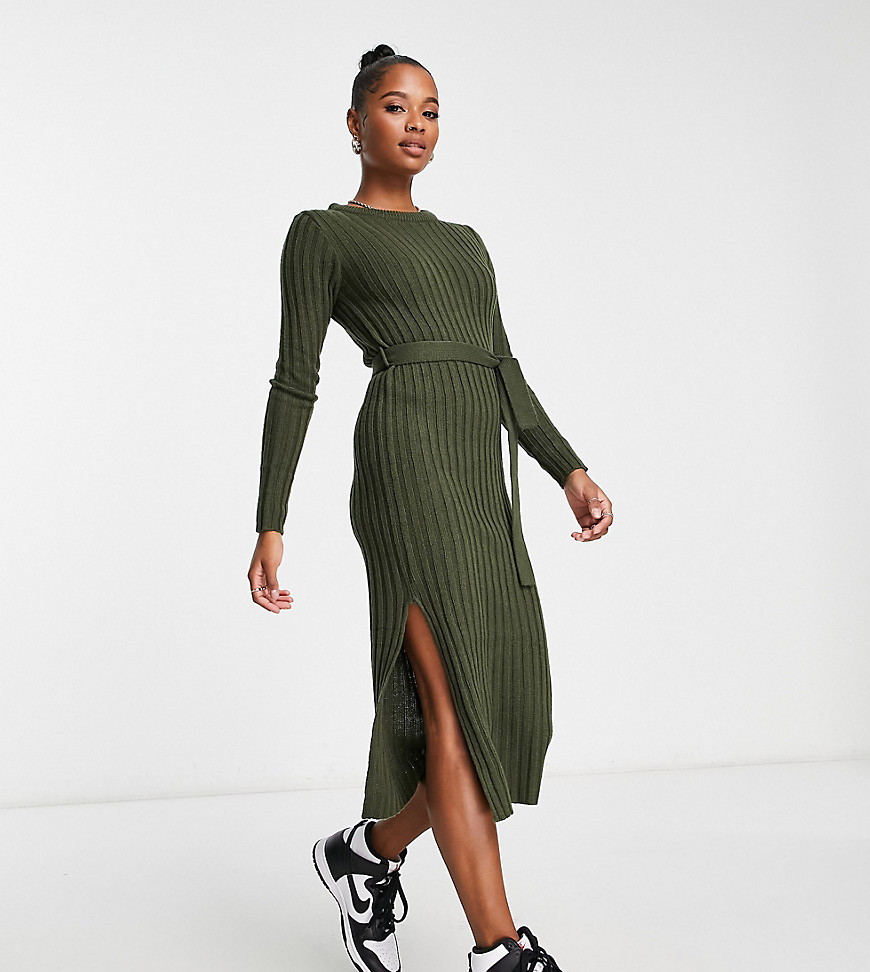Brave Soul Petite Eddie Knitted Dress With Slit In Khaki-green