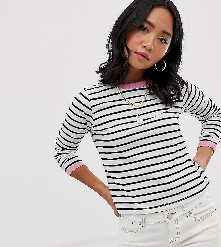 Brave Soul Petite eloise stripe long sleeve t shirt with contrast trim-White