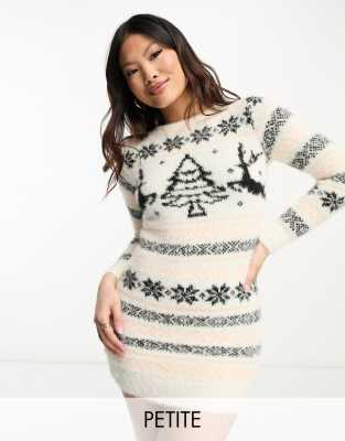 Brave Soul Petite Fairisle Christmas Sweater Dress-white