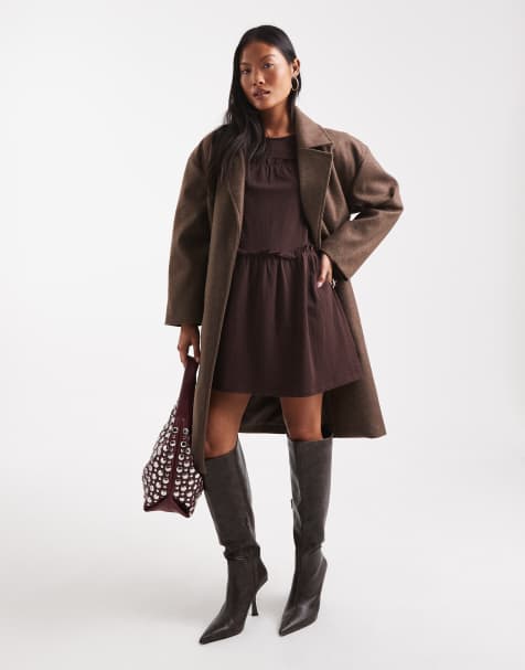 Brave Soul Petite faux wool longline belted overcoat in brown - view 1