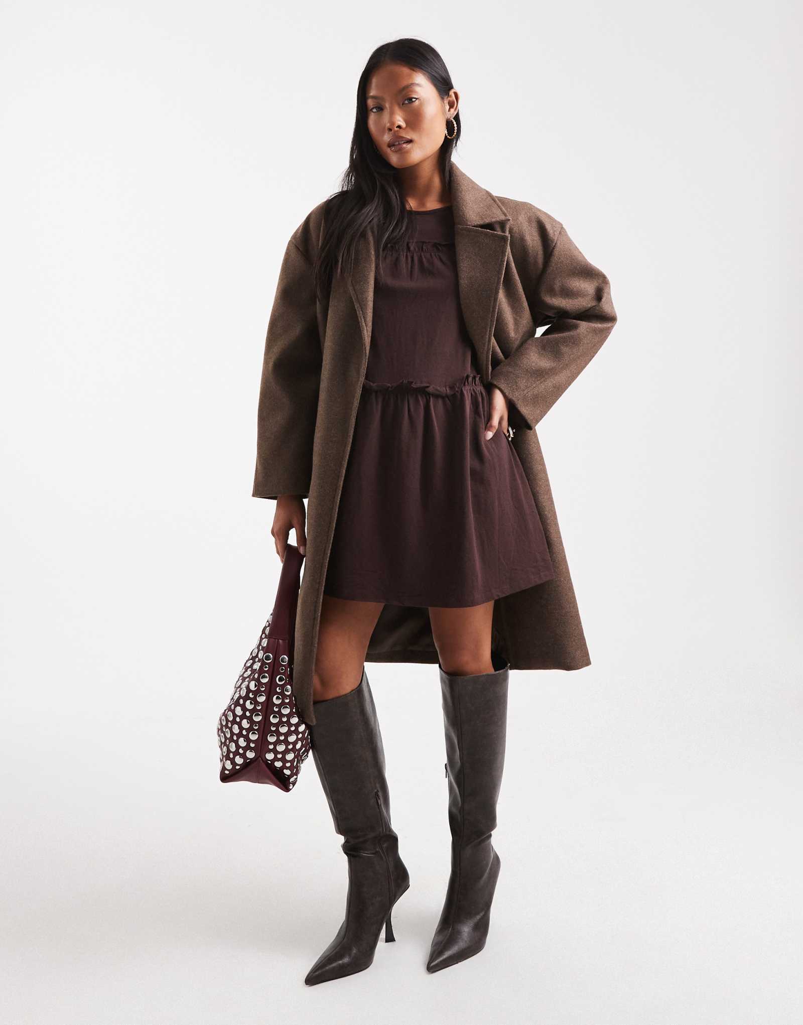 Миниатюрное удлиненное пальто с поясом из искусственной шерсти Brave Soul коричневого цвета