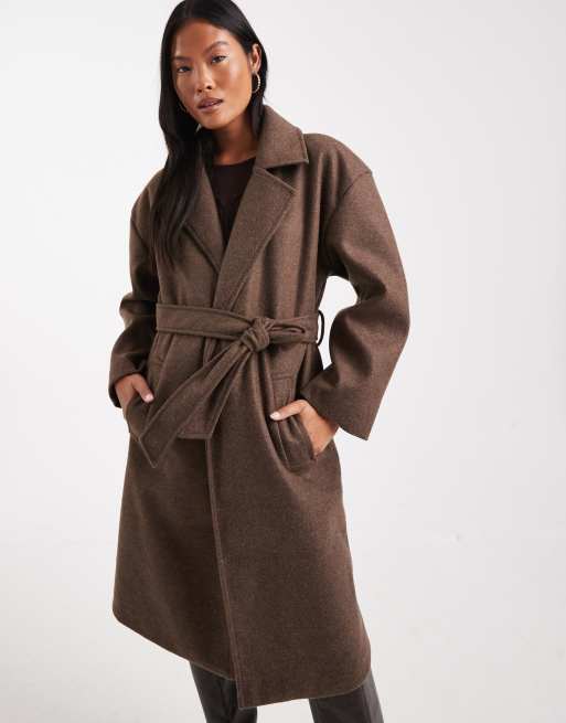 Brave Soul Petite faux wool longline belted overcoat in brown