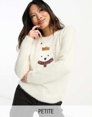 Brave Soul Petite fluffy polar bear christmas jumper-White