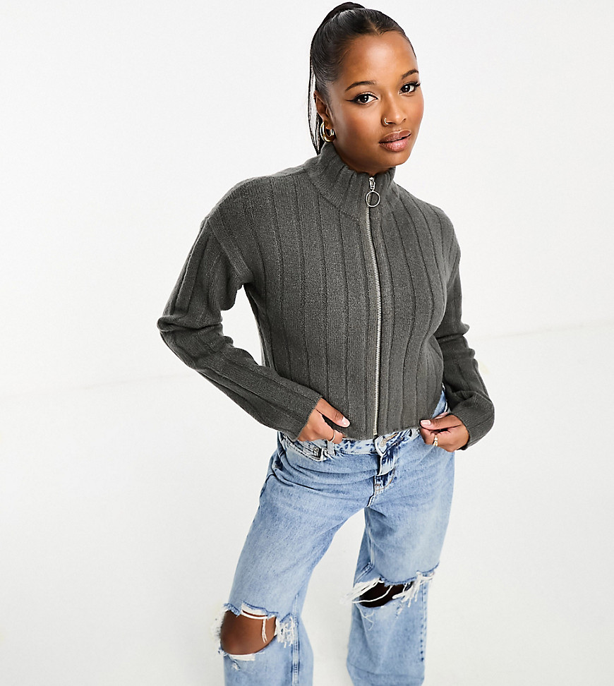 Brave Soul Petite frankie zipped front ribbed jumper in charcoal-Grey