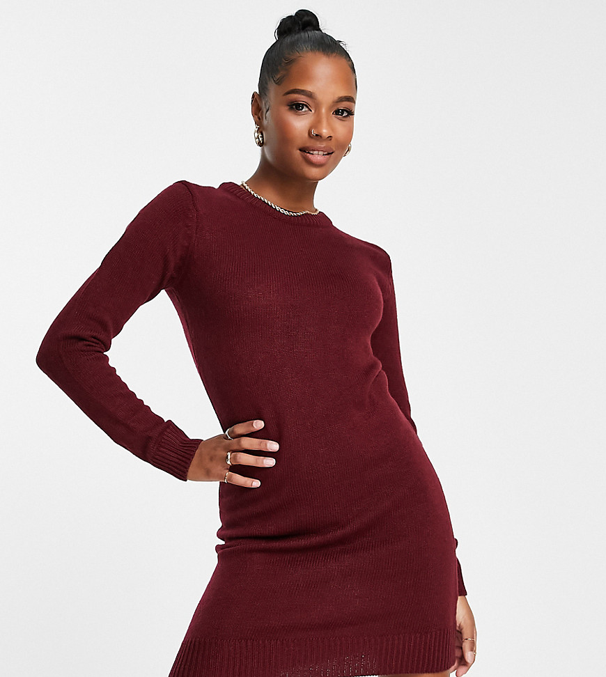 Brave Soul Petite grungy crew neck jumper dress in burgundy-Red