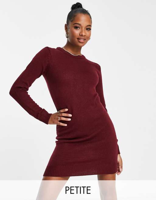 Brave Soul Petite grungy crew neck sweater dress in burgundy