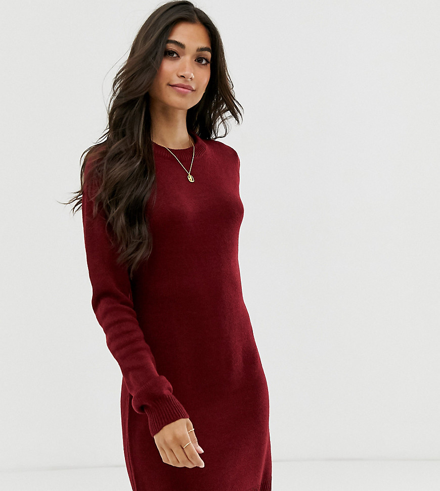 Brave Soul Petite grungy round neck jumper dress-Red