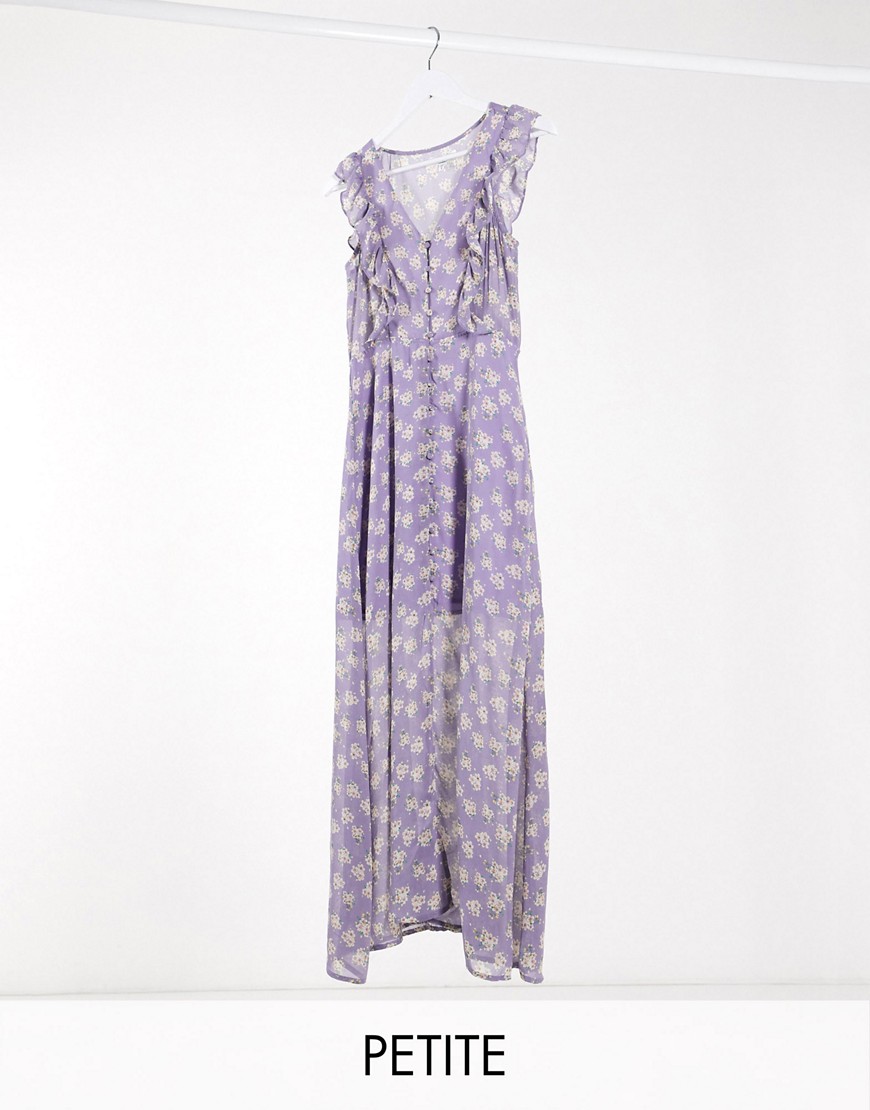 Brave Soul Petite indigo frill front maxi dress in lilac ditsy floral print-Purple