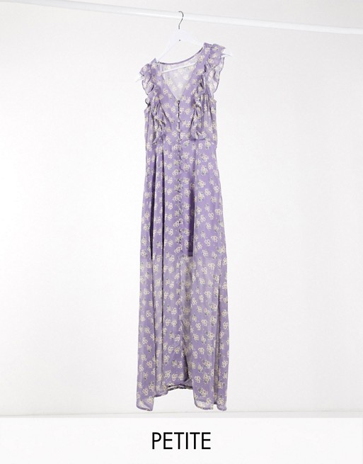 Brave Soul Petite indigo frill front maxi dress in lilac ditsy floral print