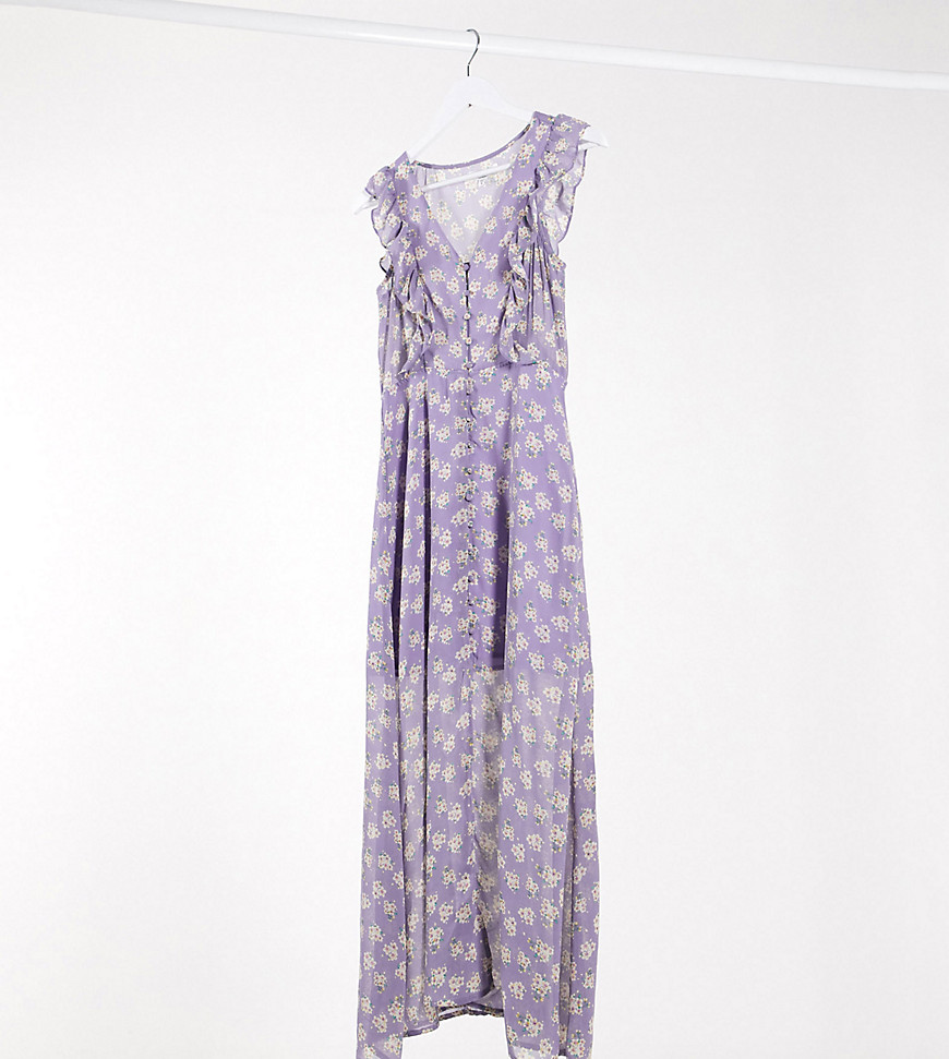 Brave Soul Petite Indigo Frill Front Maxi Dress In Lilac Ditsy Floral Print-purple