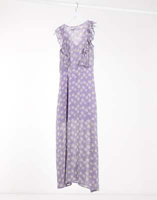 purple floral frill maxi dress