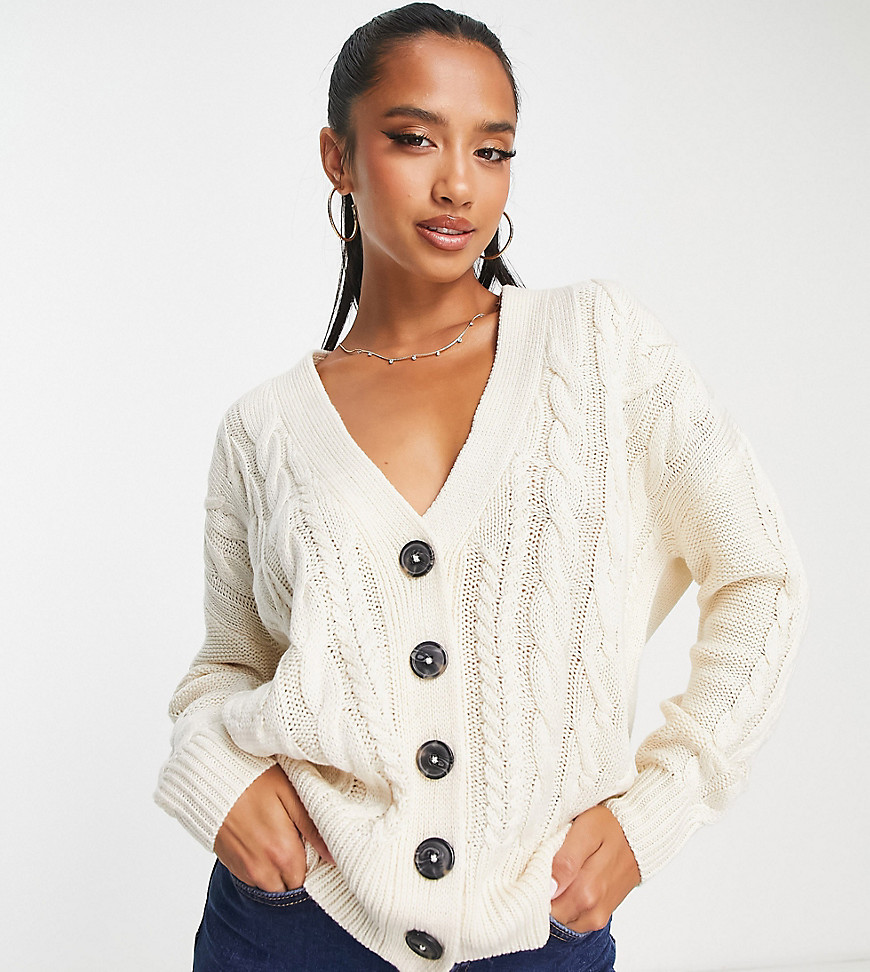 Brave Soul Petite jenner longline cable knit cardigan in ivory-White