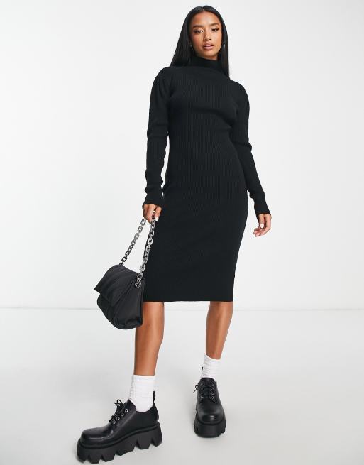 Brave Soul Petite juliet high neck knitted sweater dress in black