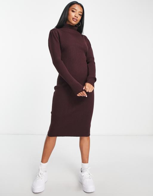 Brave Soul Petite juliet high neck knitted sweater dress in burgundy