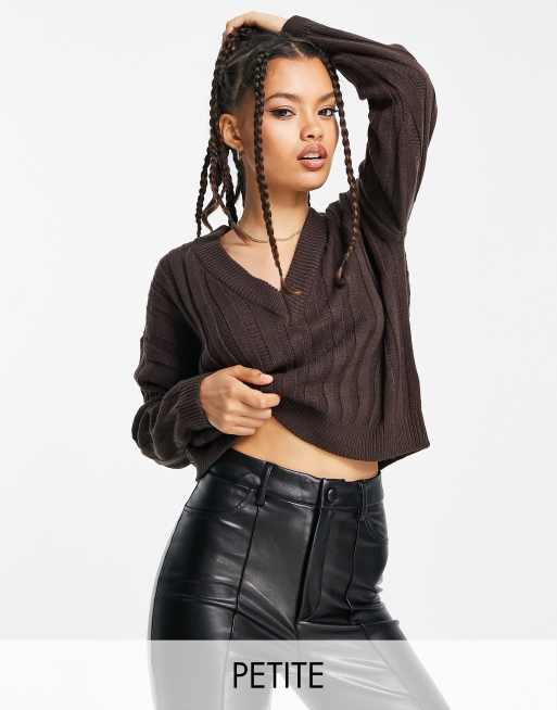 Brave Soul Petite kansas ribbed v-neck sweater in chocolate brown