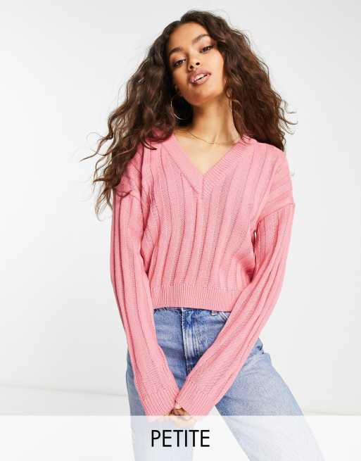Brave Soul Petite kansas ribbed v-neck sweater in pink